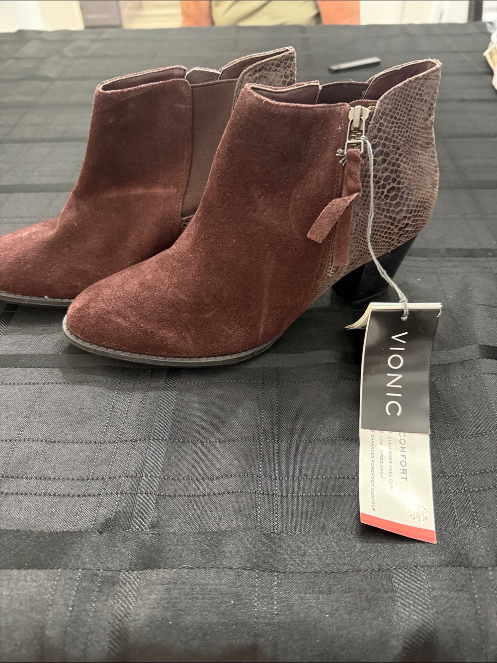 Vionic Women's Burgundy Suede Ankle Booties with Textured Heel
